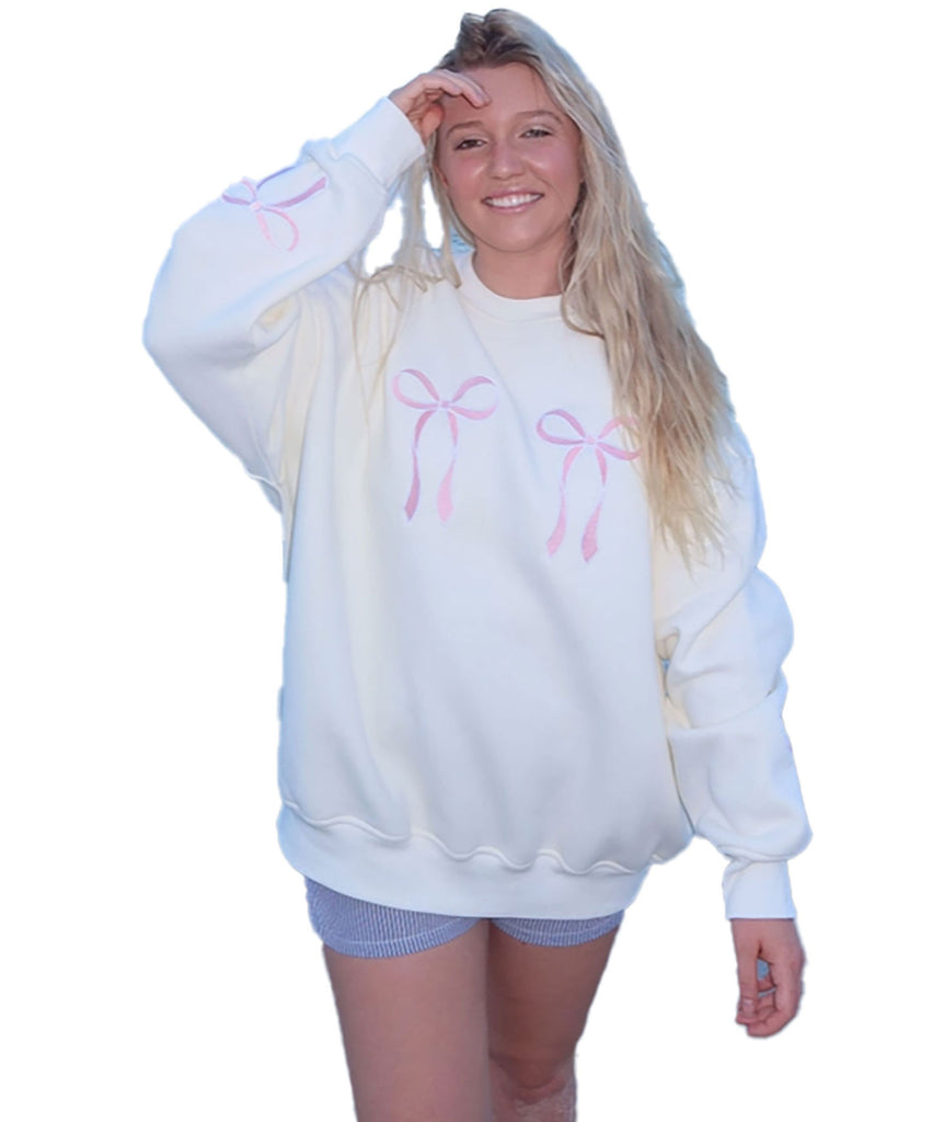 Sunkissed Coconut Juniors Embroidered Pink Bow Sweatshirt Womens Casual Tops Frankie's Exclusives   