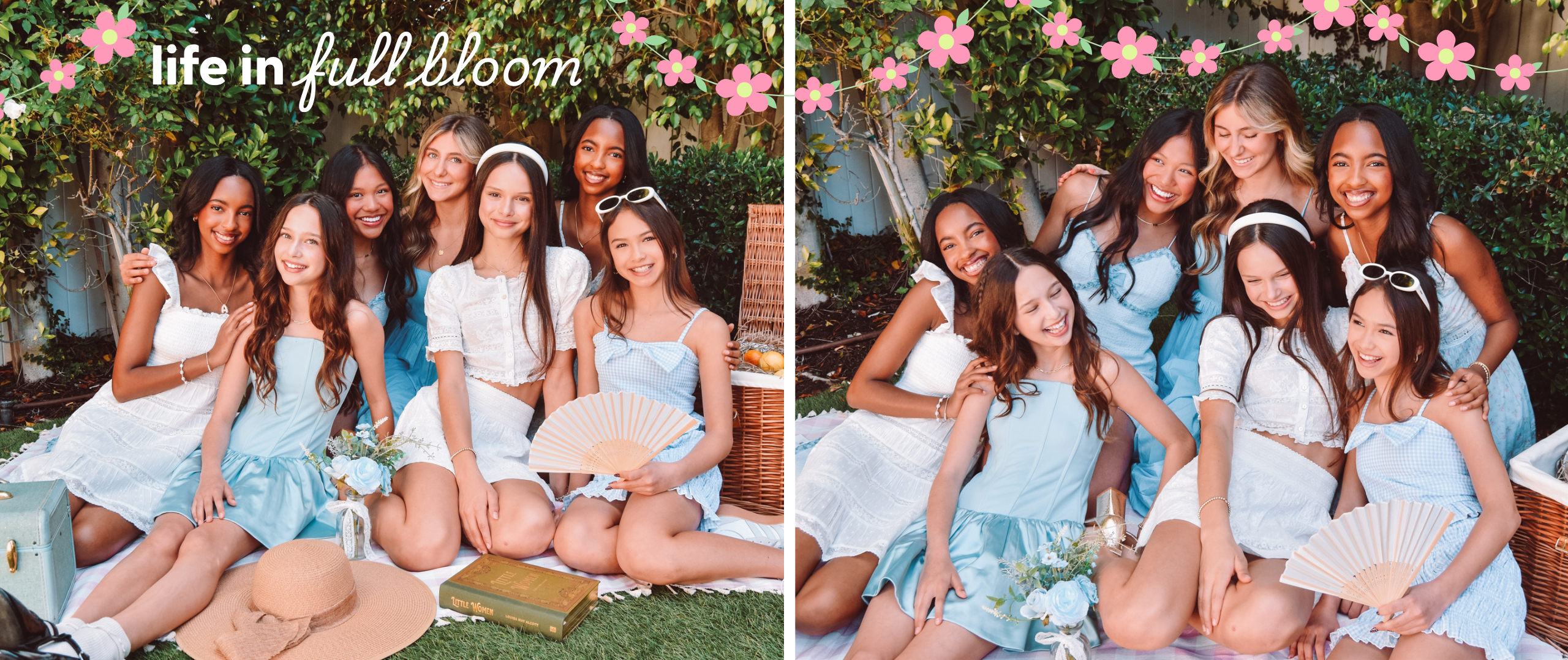 Two images of a group of girls posing outdoors with flowers and 'life in full bloom' text.