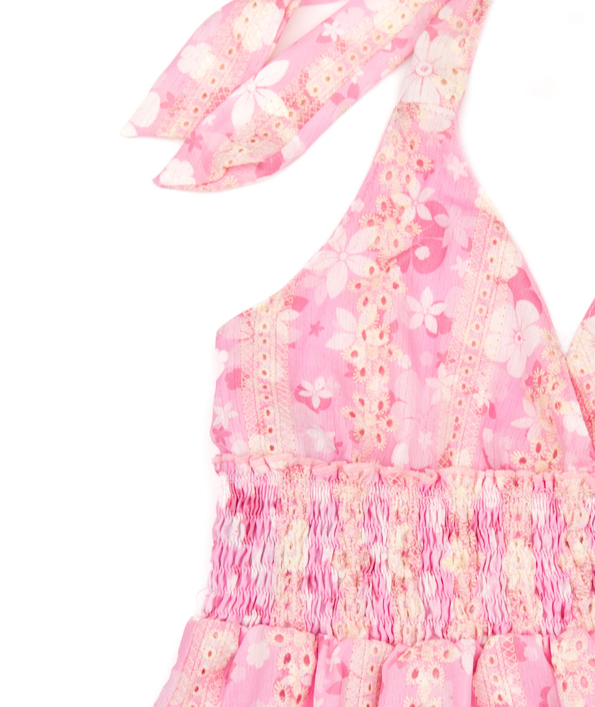 Global Love Juniors Pink Floral Eyelet Halter Dress Womens Casual Dresses FBZ Flowers By Zoe   