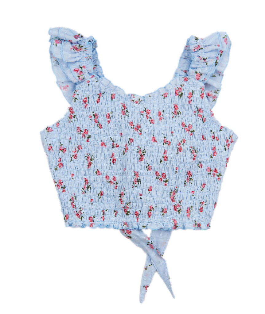 FBZ Girls Blue Floral Bow Back Smock Top Girls Casual Tops FBZ Flowers By Zoe   