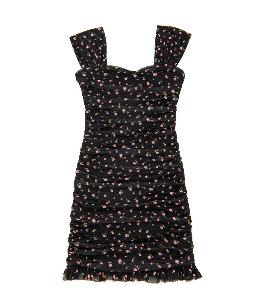 Katie J NYC Juniors Black Ditsy Floral Mesh Joey Dress Womens Casual Dresses Katie J NYC   