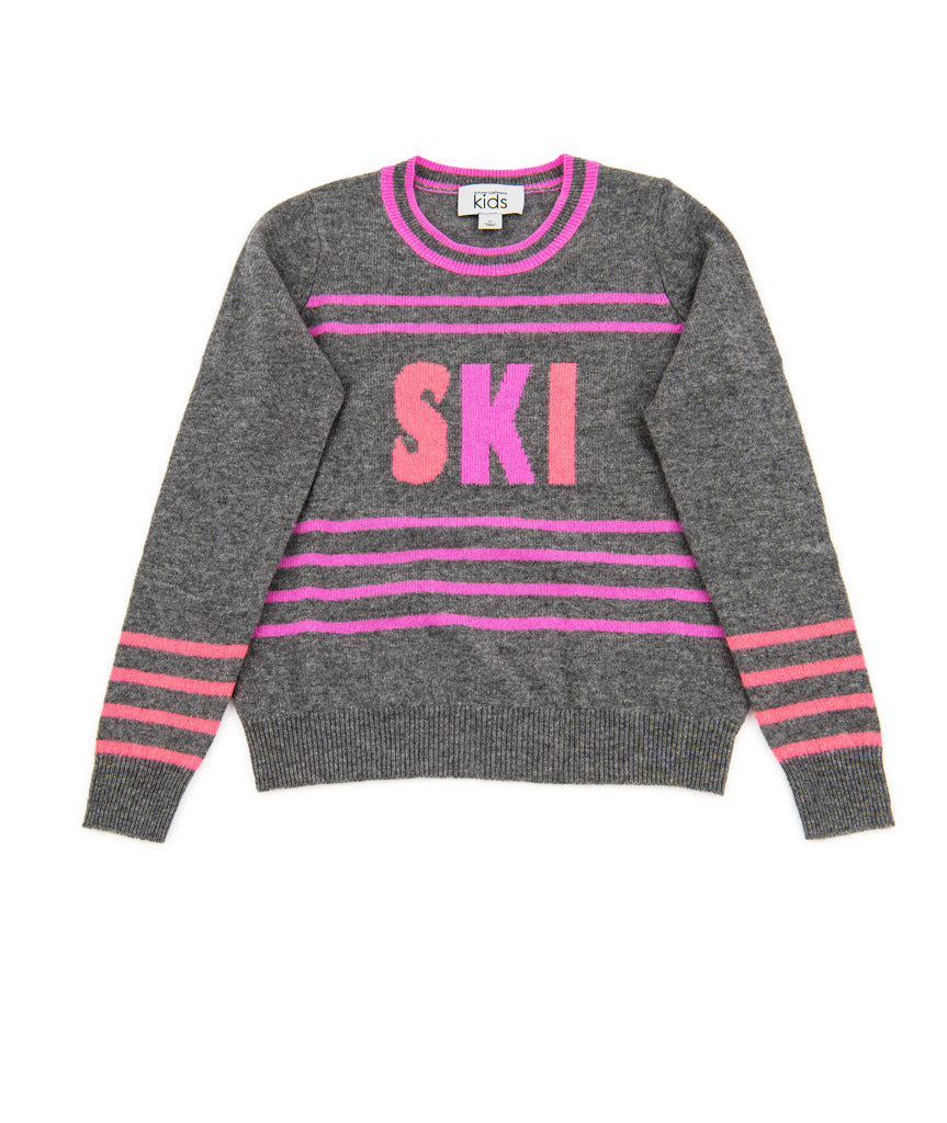 Autumn Cashmere Girls Grey/Pink Striped Ski Crew Sweater Girls Casual Tops Autumn Cashmere Kids   