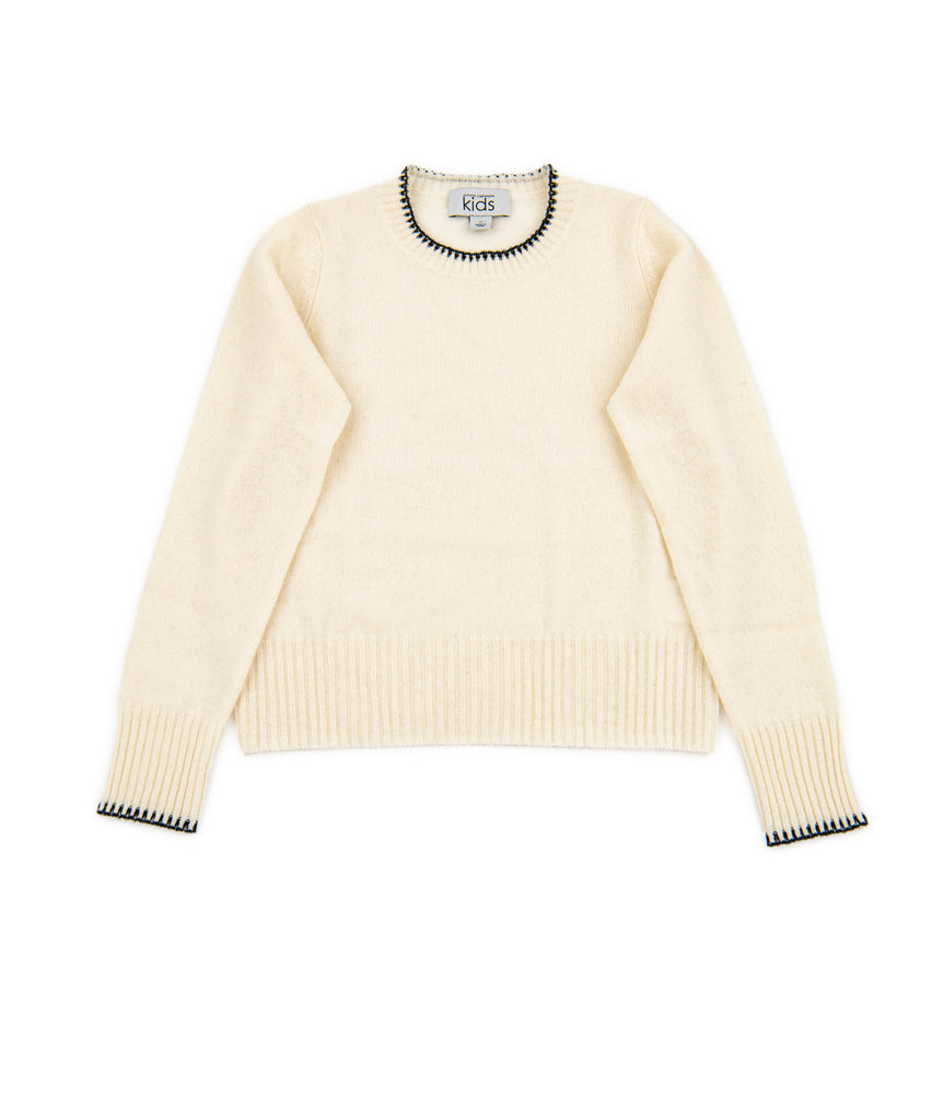 Autumn Cashmere Girls Ivory/Black Trim Crew Sweater Girls Casual Tops Autumn Cashmere Kids   