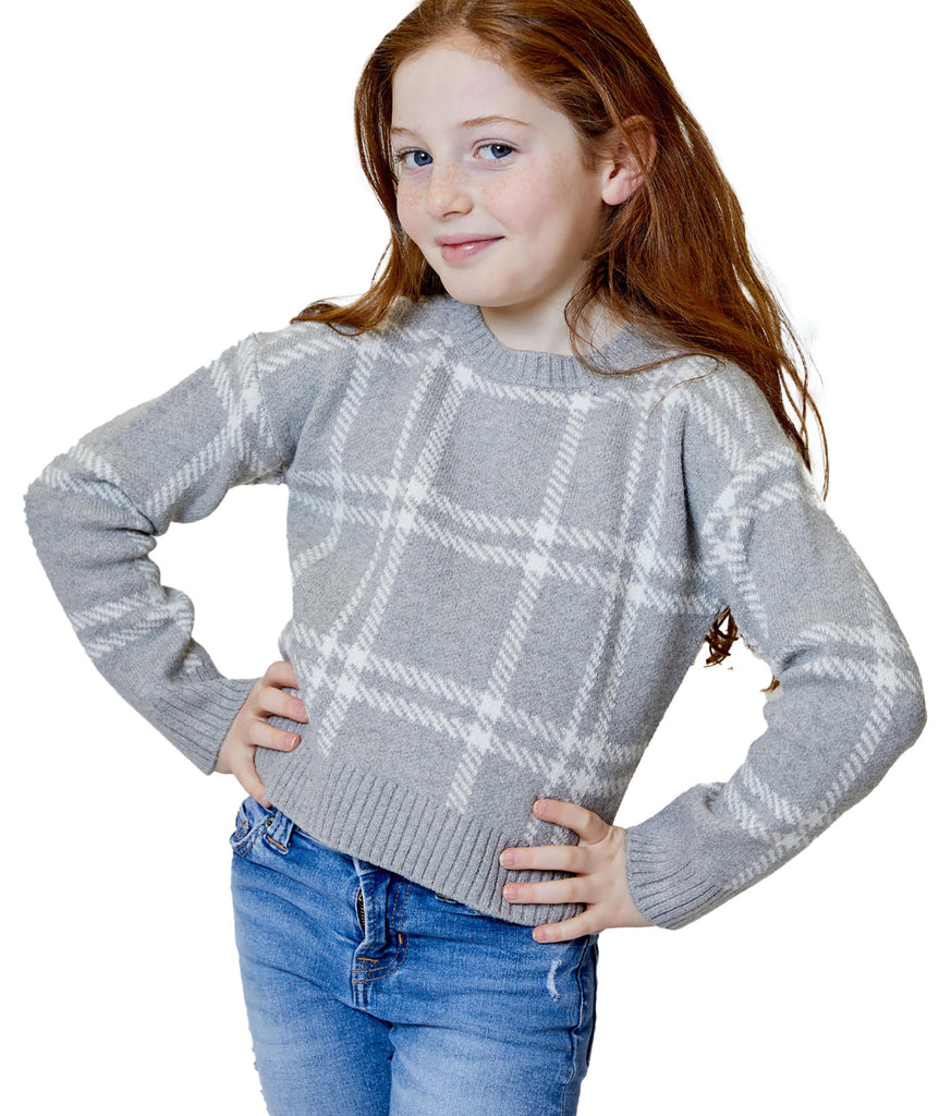 Design History Girls Heather Plaid Sweater Girls Casual Tops Design History Girls   