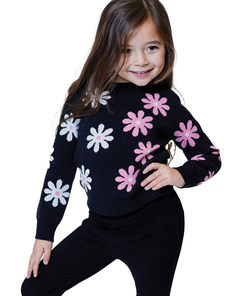 Design History Girls Little Black Floral Sweater Girls Casual Tops Design History Girls   