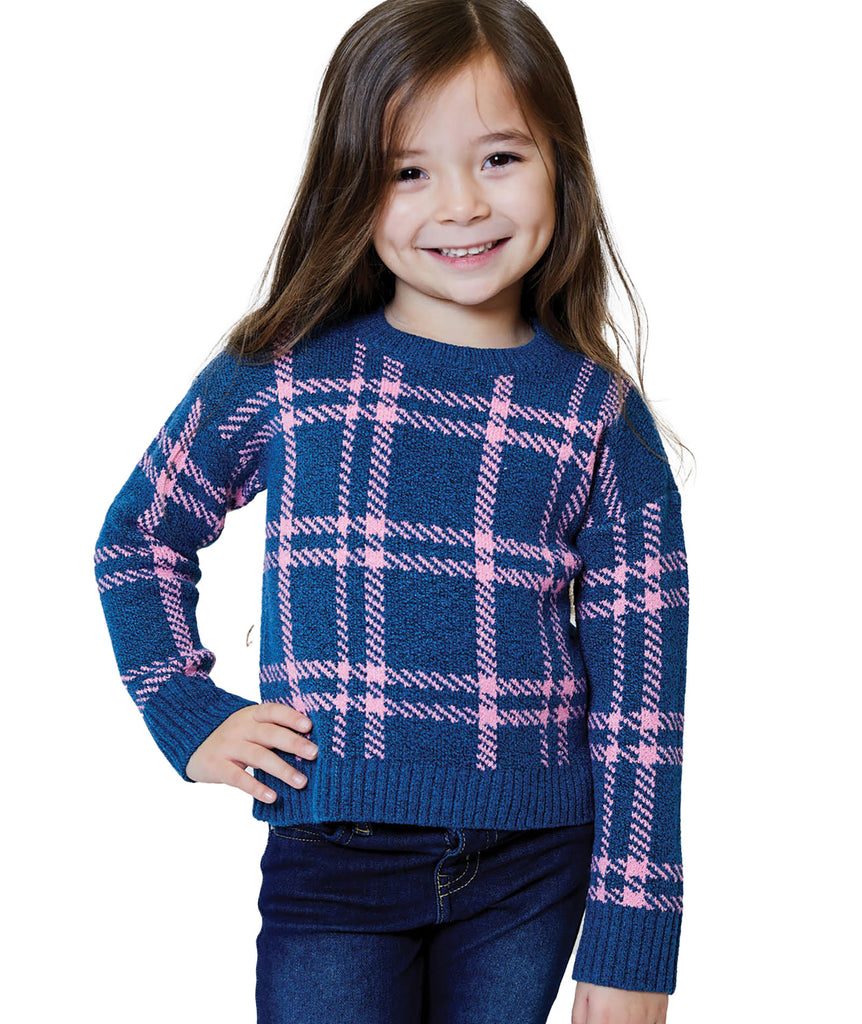 Design History Girls Little Blue Star Plaid Sweater Girls Casual Tops Design History Girls   