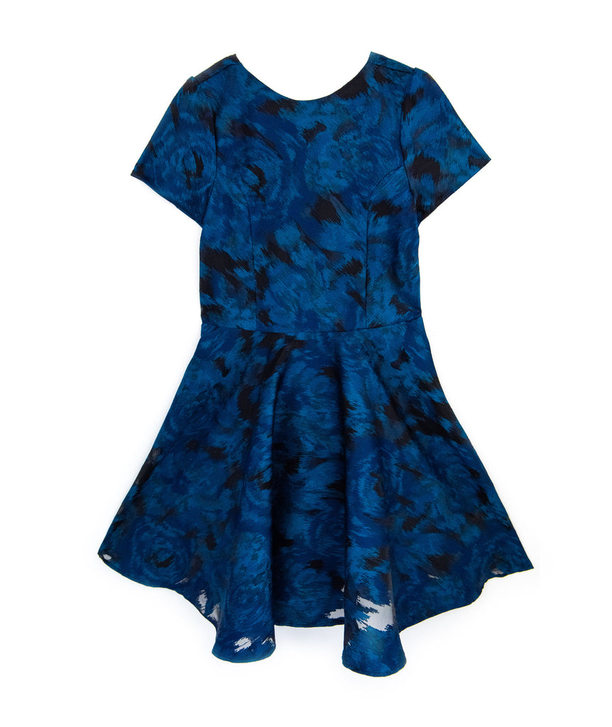 Un Deux Trois Girls Short Sleeve Blue Jacquard Dress Frankie's Pre-Loved Un Deux Trois   