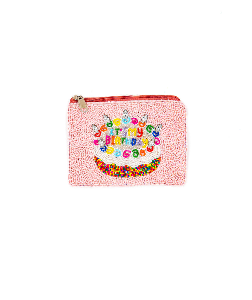 Happy Birthday Beaded Pouch Accessories Frankie's Exclusives Pink  