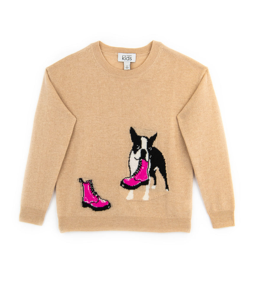Autumn Cashmere Girls Tan/Pink Dog With Boot Sweater Distressed/seasonal girls Autumn Cashmere Kids   